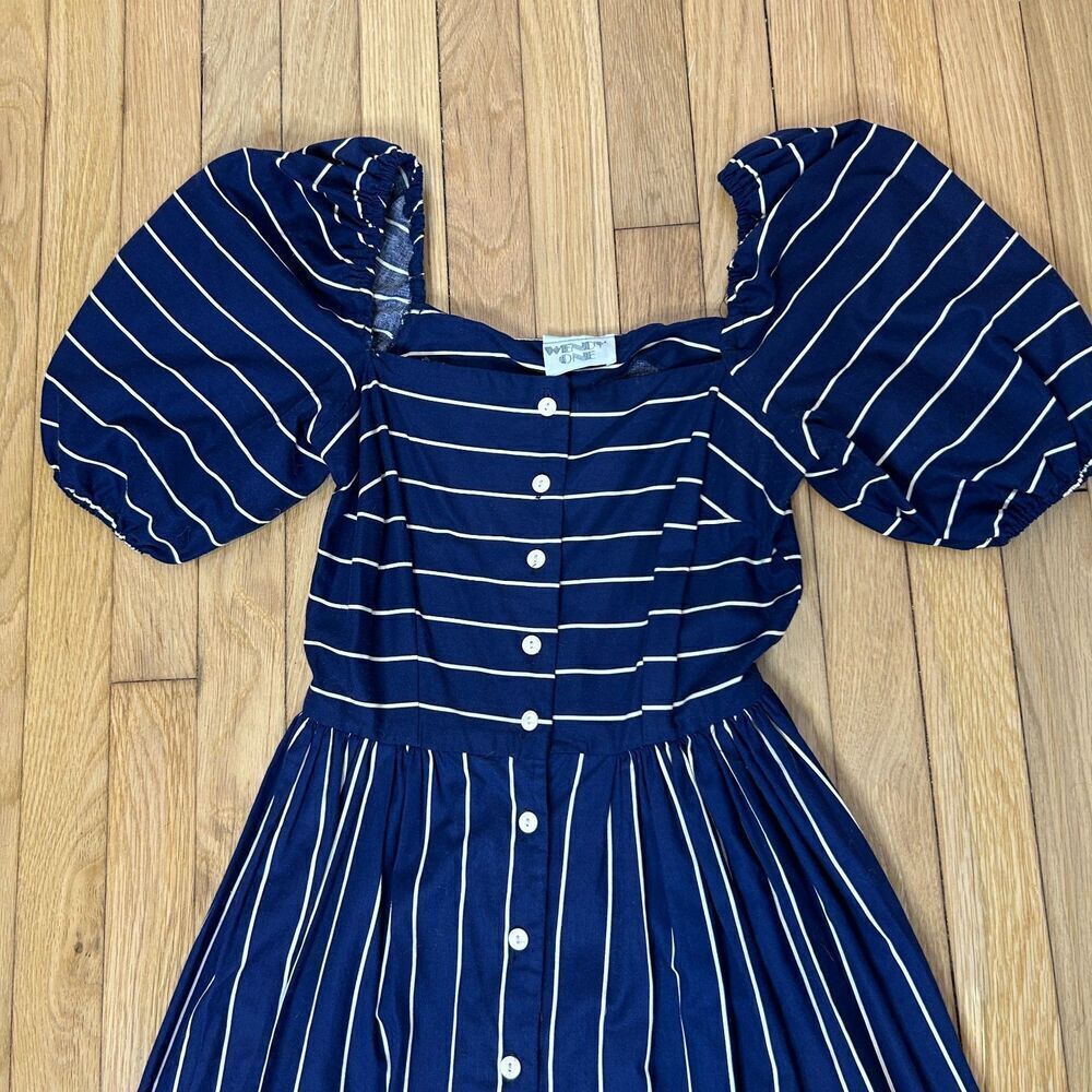 Vintage Wendy One Puff Sleeve Striped Midi Dress Button Down Size XS CottageCore - Picture 5 of 7